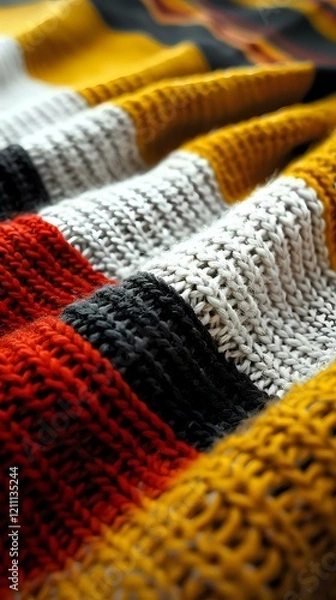 Fototapeta Close-up macro texture of colorful knitted wool fabric with red, yellow, white and black stripes. Perfect for fashion, crafting and winter season design backgrounds.