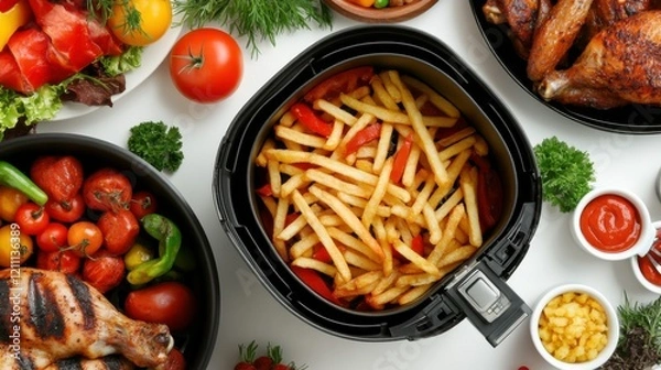 Fototapeta Air Fryer with Fries and Roasted Chicken in Studio Setting