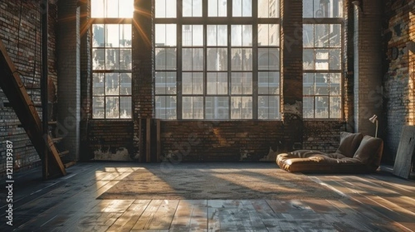 Fototapeta Large spacious loft room in dark colors in the rays of sunlight with big window. free lay-out