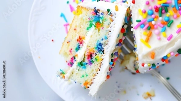 Fototapeta A fun confetti cake with colorful sprinkles baked into a festive design