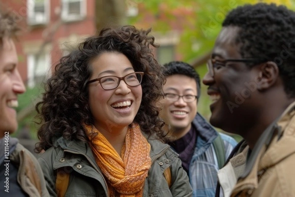 Fototapeta Group of diverse friends having fun together in the city. Cheerful multiethnic group of people laughing and having fun together.