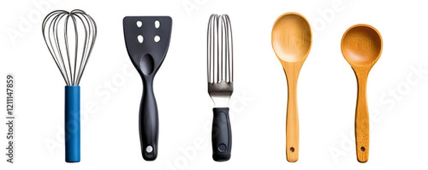 Fototapeta Kitchen Utensils Set: Whisk, Spatula, Scraper, and Wooden Spoons Isolated on Transparent Background