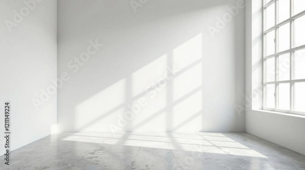 Fototapeta Sunlit Empty Room with Concrete Floor and Large Window Showing Light Patterns