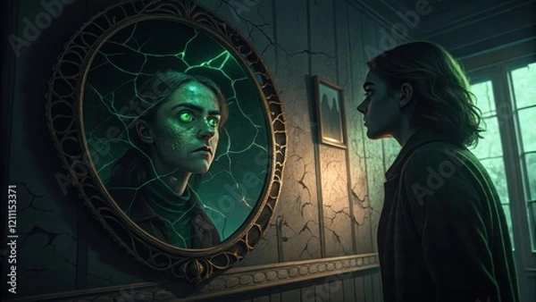 Fototapeta Surreal Reflection of Jealousy in a Glowing Mirror