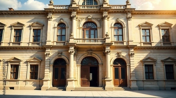 Fototapeta A grand architectural structure with classical design elements, featuring symmetrical facades, arched doorways, and numerous windows, bathed in sunlight