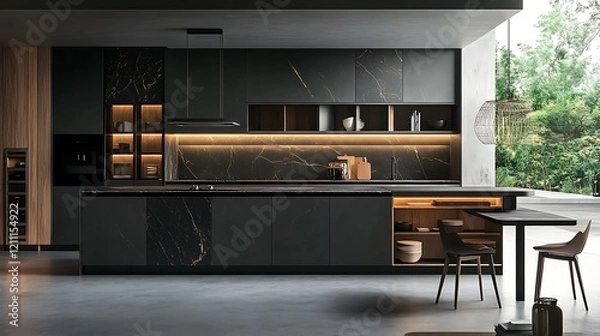 Fototapeta Sleek dark kitchen with marble accents, island, and modern design For Luxurious and stylish Concept.