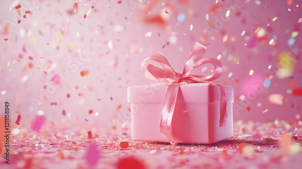 Obraz A pink gift box with a satin ribbon is shown in an elegant wrapping, ideal for Valentine's Day gifts romantic gesture encapsulates love. AI generative
