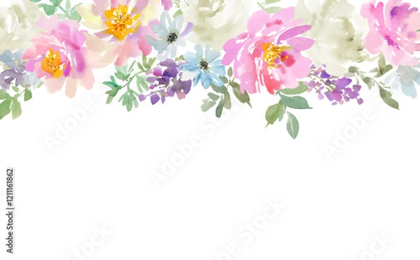 Obraz A vector frame illustration of abstract pink peonies and wild flowers painted in watercolor. hand painted floral background.	
