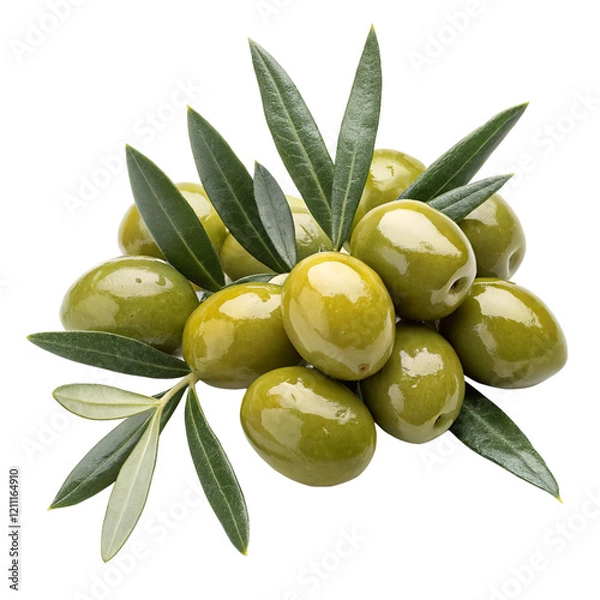 Fototapeta Green olives with leaves, isolated on white or transparent background, PNG