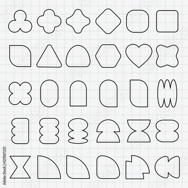 Fototapeta Grid of abstract geometric shapes. Various geometric shapes like circles, ovals, and crosses. Geometric shapes arranged in rows on a grid background. Black shapes, vector element set.