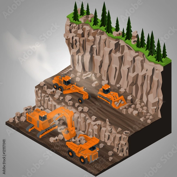 Fototapeta Vector isometric illustration of a mining quarry, heavy-duty truck,  articulated grader and a two types of mining tracked excavators. Equipment for high-mining industry.