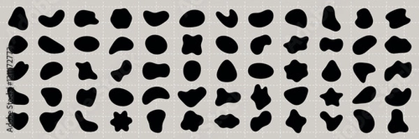 Fototapeta Abstract black shapes on a gray background. Various abstract forms, abstract patterns, and abstract silhouettes create a modern, artistic design. Black shape vector set.