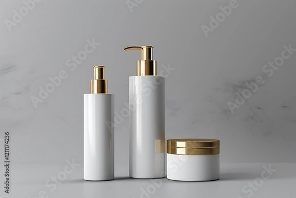 Fototapeta A set of white and gold cosmetic bottles, with three shapes, such as round or rectangular jars, on a pure background,
