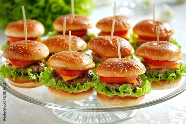 Fototapeta mini burgers on a glass plate, arranged in an elegant and visually appealing way.