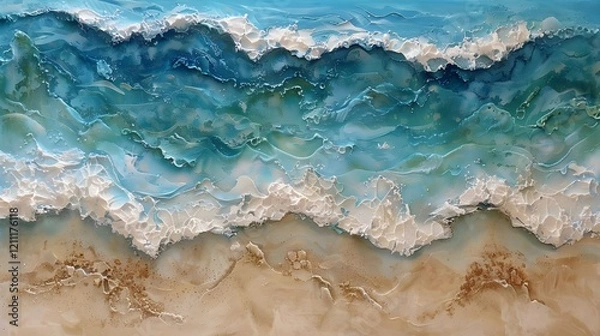 Fototapeta view of turquoise ocean waves gently crashing onto a sandy beach.