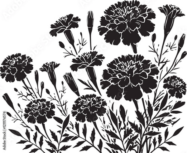 Fototapeta Black Color Marigolds Silhouette Vector Illustration, Solid White Background. minimal vector design