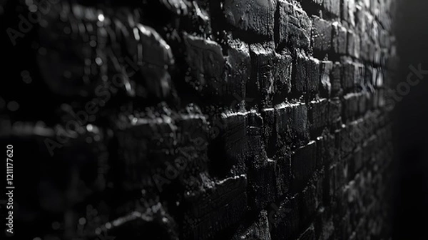 Fototapeta A highly detailed and realistic close-up of a black brick wall, featuring rough textures, natural imperfections