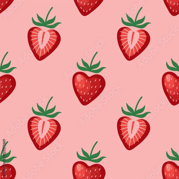 Fototapeta Valentines Day seamless pattern with strawberry hearts on a pastel pink background. Bright red heart shaped strawberries background. Cute vector pattern for a wrapping paper, textile print, wallpaper