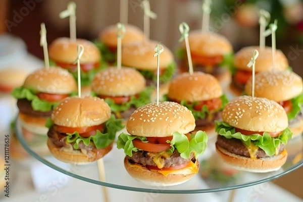 Fototapeta mini burgers on a glass plate, arranged in an elegant and visually appealing way.