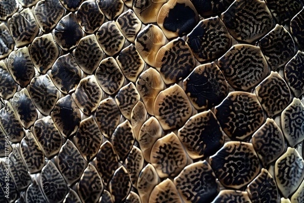 Fototapeta snake skin with intricate diamond-shaped patterns in a mix of beige, black, and brown tones.