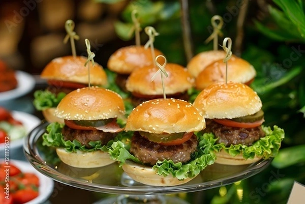 Fototapeta mini burgers on a glass plate, arranged in an elegant and visually appealing way.
