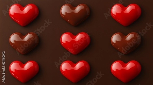 Fototapeta chocolate and red heart candies arranged in valentine pattern on brown background