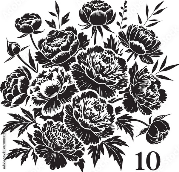 Obraz Black Color Peonies Silhouette Vector Illustration, Solid White Background. minimal vector design