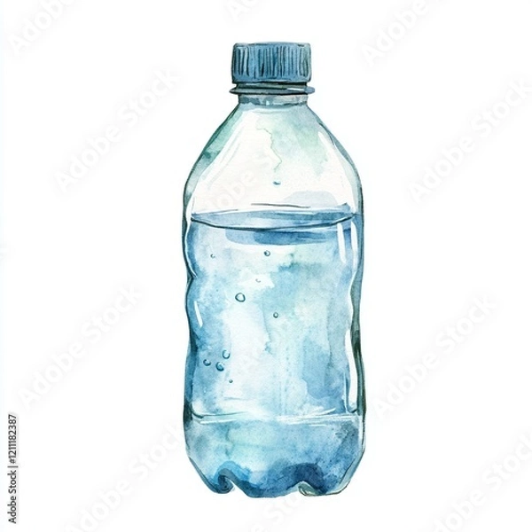 Fototapeta Brightly illustrated watercolor water bottle features clear water inside, captured with intricate details against a pure white backdrop, emphasizing its refreshing quality