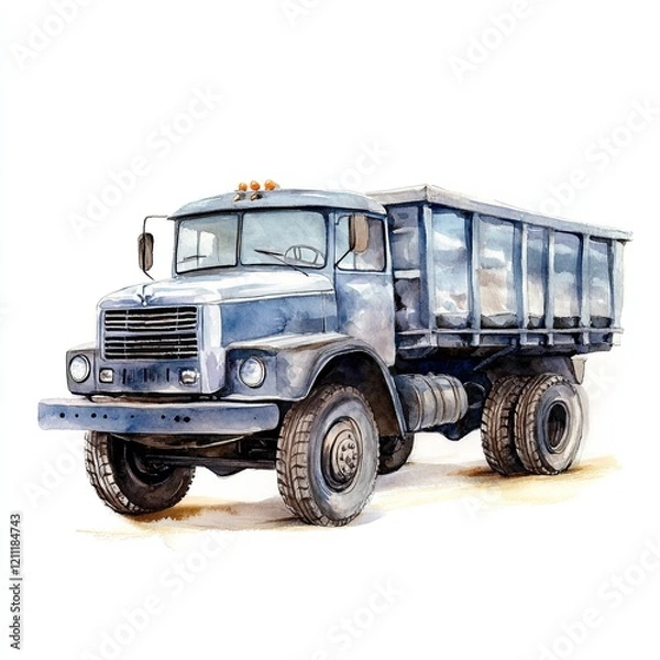 Fototapeta Watercolor art features a truck with intricate details and a textured surface, resting on a plain white background, highlighting its design and craftsmanship