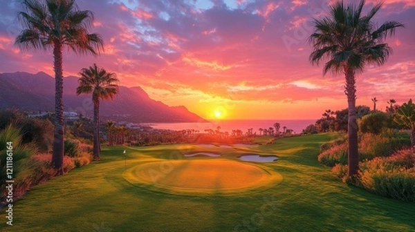 Fototapeta Scenic sunset over a golf course with palm trees, mountains, and ocean in the background
