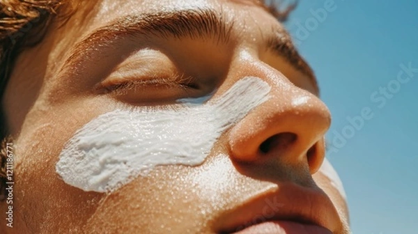 Obraz Young Man Applying Sunscreen on Face Under Bright Blue Sky