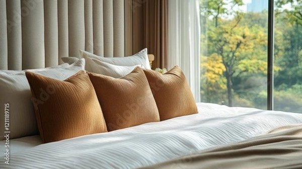 Fototapeta Cozy bedroom with plush pillows on a neatly made bed, featuring a serene view of autumn trees outside