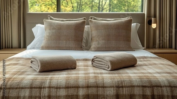 Fototapeta Cozy bedroom with neatly arranged bed linens, two pillows, and a warm blanket, surrounded by nature