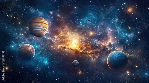 Fototapeta Cosmic space scene with planets, stars, and a glowing nebula, vast and mysterious