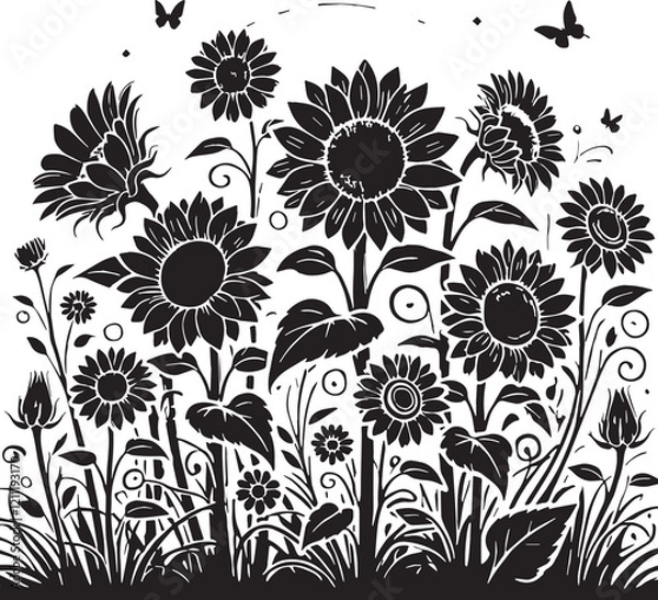 Fototapeta Black Color Sunflowers Silhouette Vector Illustration, Solid White Background. minimal vector design