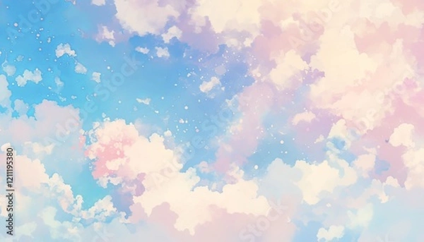 Fototapeta Pastel-colored abstract cloud background in dreamy, ethereal watercolor style, featuring soft hues of pink, blue, and purple for a serene