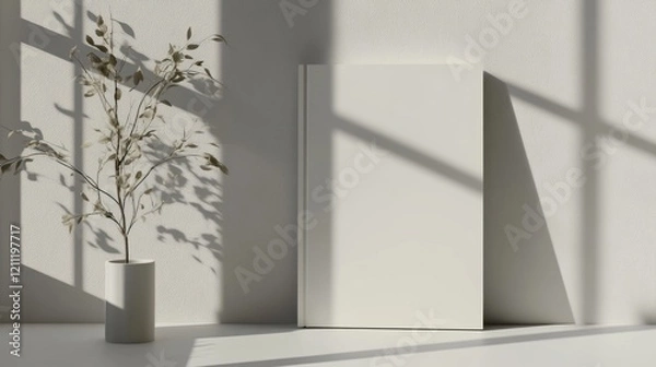 Obraz Blank Book Mockup with a Decorative Plant in a White Vase and Window Light Shadows