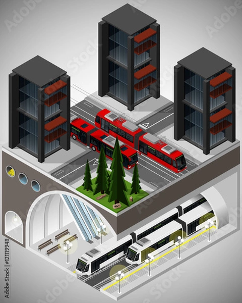 Fototapeta Vector isometric illustration of an element of urban infrastructure consisting of a transport hub subway, tram and bus lines.