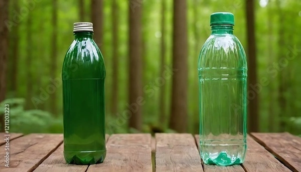 Fototapeta blank green plastic water drink bottle mockup on wood table outdoor forest scene,no people, photography, vertical, plastic, bottle, single object, concepts, cut out, exercising, label,954