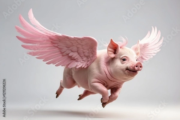 Fototapeta Pink pig with large pink wings in flight against a light grey background.