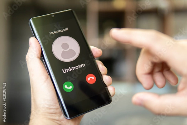 Fototapeta Phone call from unknown number. Scam, fraud or phishing with smartphone concept. Prank caller, scammer or stranger. Man answering to incoming call. Hoax person with fake identity.