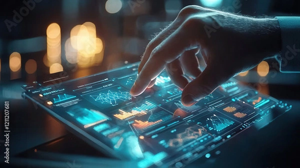 Obraz hand interacts with futuristic digital interface displaying data analytics, graphs, and charts in glowing, high tech environment