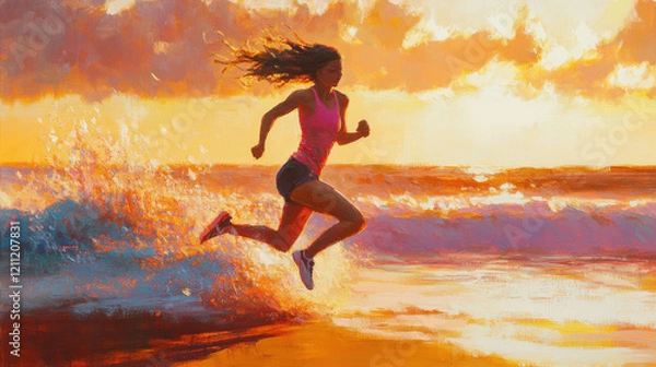 Fototapeta An oil painting of a woman running on a sandy beach at sunset, waves gently crashing in the background, her hair flowing wildly in the wind