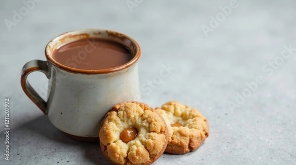 Fototapeta Warm beverage in a rustic mug accompanied by sweet buttery cookies with caramel centers