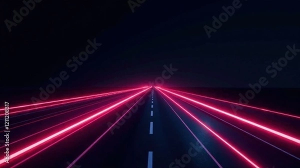Fototapeta A Night Drive on a Highway with Vibrant Pink Neon Lines Illuminating the Road Ahead
