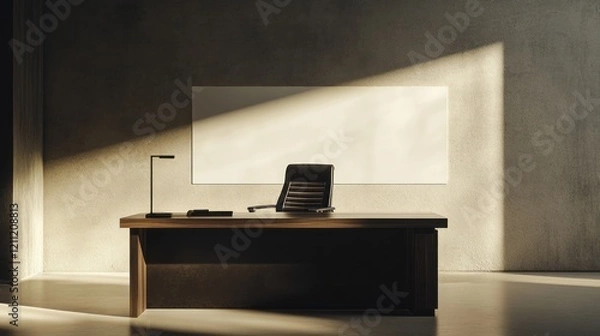 Fototapeta Modern Minimalist Office Interior Design: Sunlight Illuminates a Desk, Chair, and Blank Whiteboard in a Concrete Room
