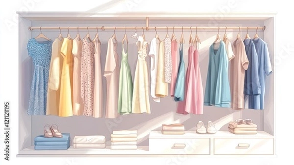 Fototapeta Sunlit wardrobe with dresses, shoes, and books.