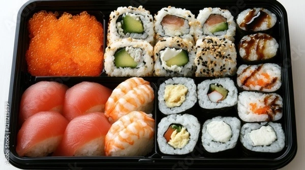 Fototapeta A traditional Japanese bento box with neatly arranged sushi, tempura, and rice