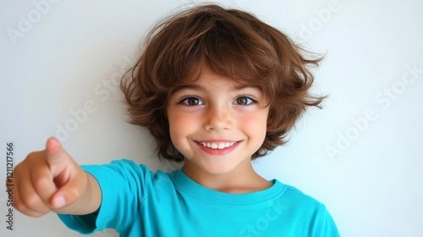Fototapeta Closeup portrait of a cheerful young boy showing thumbsup gesture, expressing positivity.