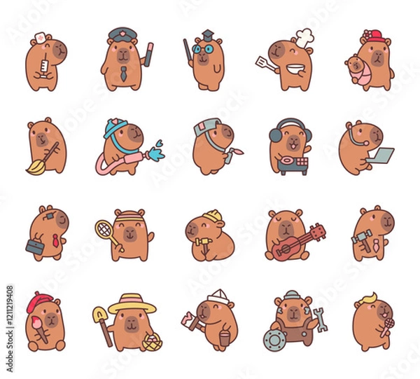 Fototapeta Capybara professions cartoon set with cute kawaii characters holding different tools, equipment, objects, accessories, and items for cheerful creative designs illustration